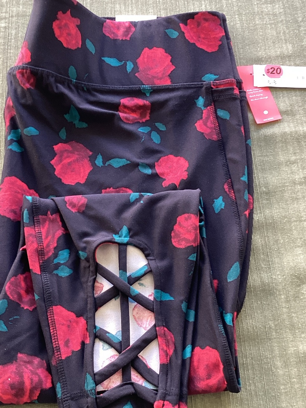 Lane Bryant Black Leggings with Red Rose Print & Teal Leaves